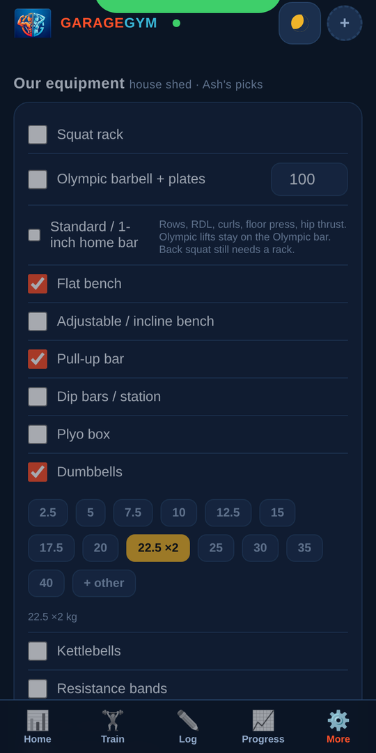 Garage Gym: tick the equipment you actually have in the garage