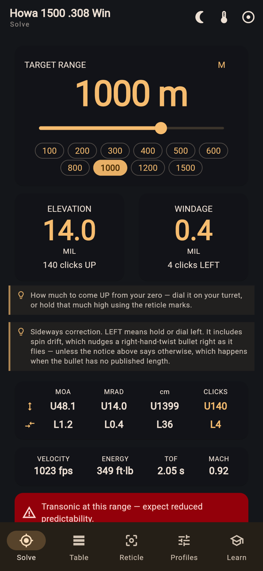 Harson Ballistics: the solve screen showing hold and clicks