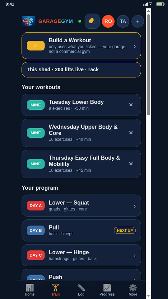 Train: build a workout from equipment you ticked